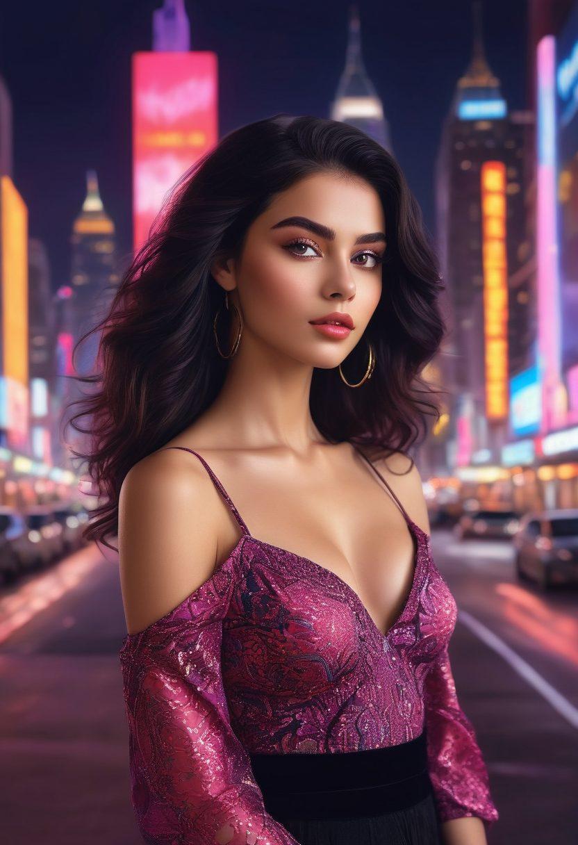 Ayla, a charismatic figure with flowing dark hair and striking eyes, stands confidently at the center, adorned in bold, modern fashion that blends elegance and edge. She effortlessly captivates surrounding admirers who are mesmerized by her enchanting aura. The background features a lively cityscape illuminated by soft neon lights, enhancing the atmosphere of allure and excitement. The composition includes whimsical heart patterns subtly woven into the city backdrop, symbolizing her ability to steal hearts. vibrant colors. modern illustration.